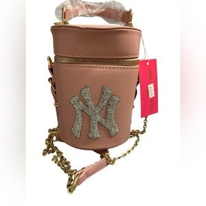Pink NY Embellished Crossbody Bucket Bag